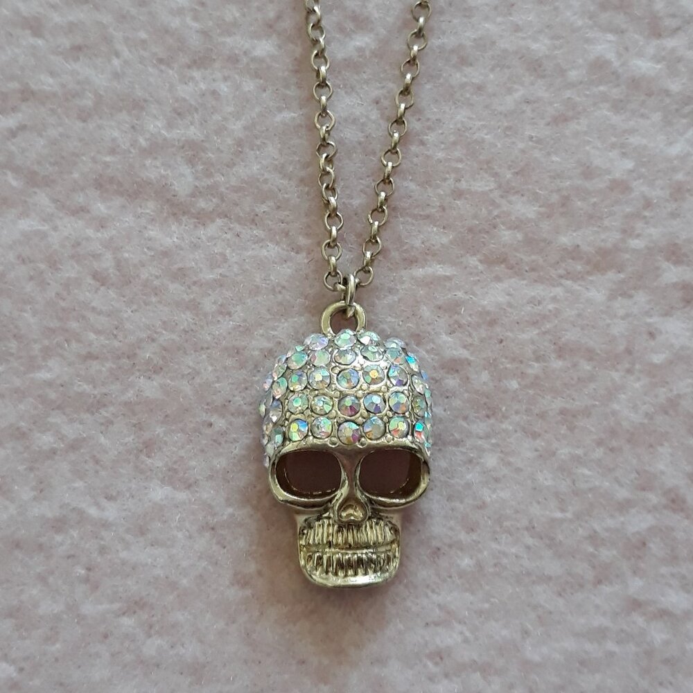 Aldo Necklace--Skull Pendant with Rhinestones, Gold Tone Chain